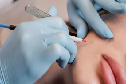 Woman receiving electrolysis treatment for unwanted facial hair